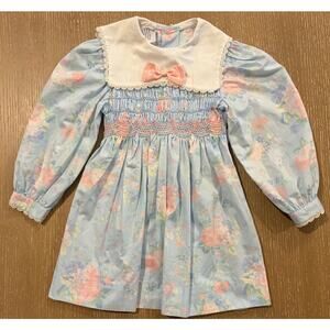 Polly Flinders 4 Girls Floral Smocked Vintage Dress Easter Blue Long Sleeve